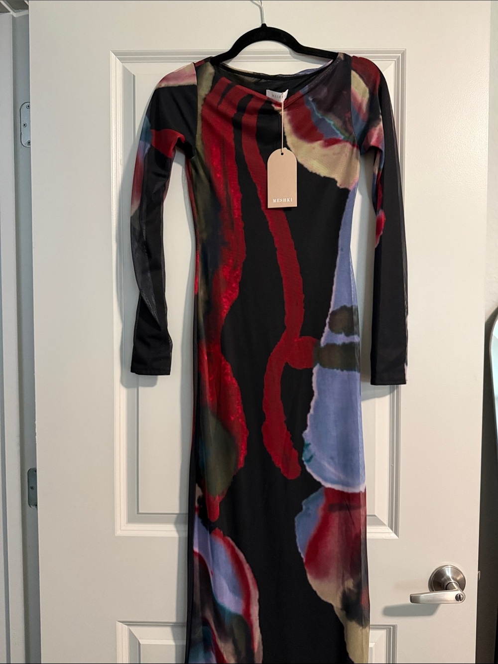Meshki Black Maxi Dress with Red, Blue & Olive Abstract Print